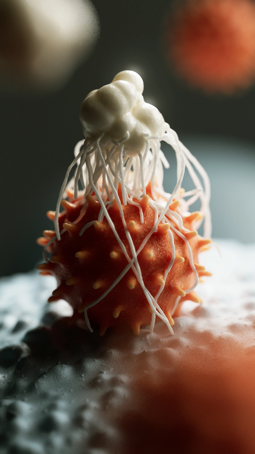 Macrophage phagocytosis 3D render — white blood cell engulfing a virus through pseudopod extension, immune response scientific visualization by Juan Pedro Bozzolo
