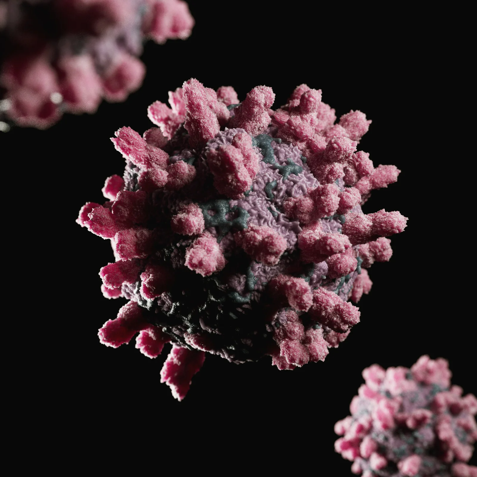 Render final de virus 3D con iluminación y materiales realistas